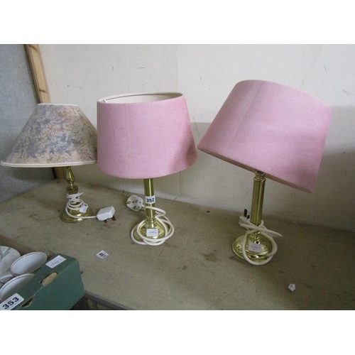 352 - THREE BRASS TABLE LAMPS AND SHADES