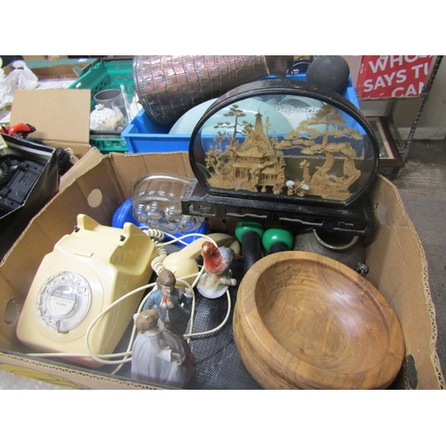 388 - BOX OF MISC. VINTAGE TELEPHONE, ORNAMENTS, CORK DISPLAY