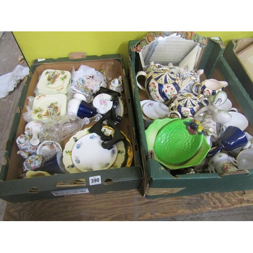 390 - TWO BOXES OF MIXED CERAMICS, ORNAMENTS, TEAWARES ETC.