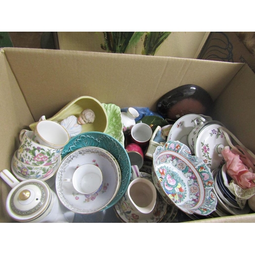 393 - BOX OF MIXED CERAMICS, TEAWARES ETC.