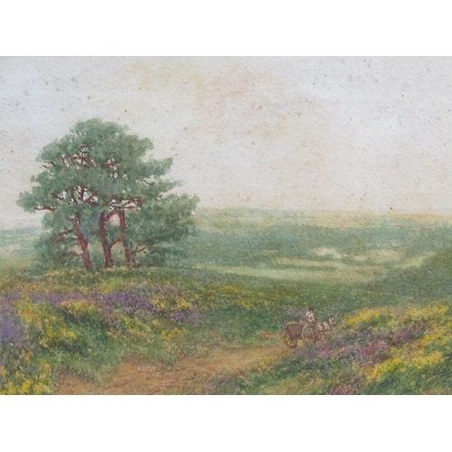 1000 - J D WATERS 1930 - HORSE AND CART IN MOORLAND SETTING, SIGNED WATERCOLOUR, F/G, 24CM X 35CM