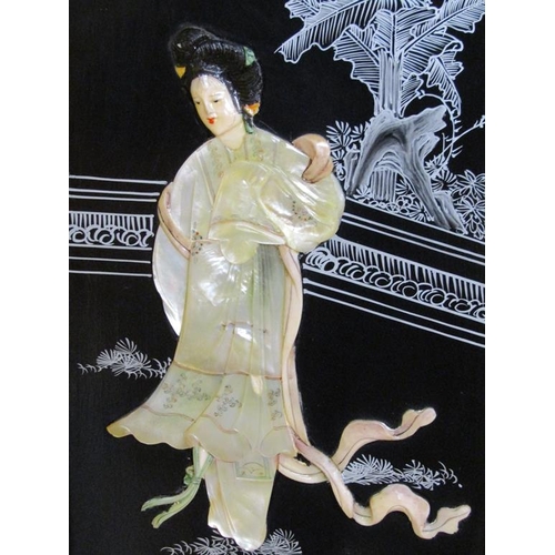 1015 - ORIENTAL PANEL WITH MOTHER OF PEARL FEMALE FIGURE IN A LAKELAND SETTING, 86CM X 25CM