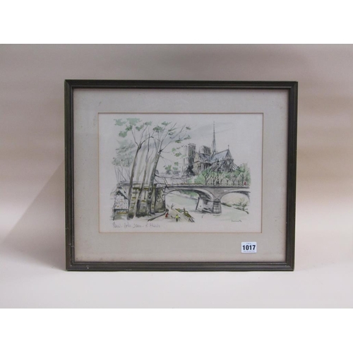 1017 - PARISIAN RIVER SEINE & NOTRE DAME SCENE - SIGNED JANICOTTE, WATERCOLOUR, F/G, 24CM X 33CM