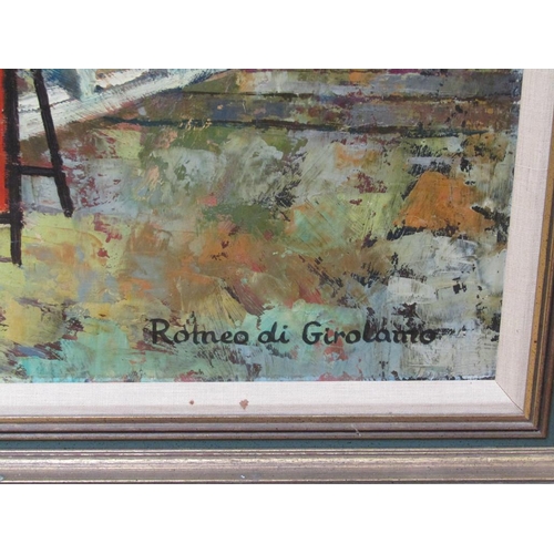 1019 - ROTNEO DI GIRLAMO - RAILWAY CROSSING, SIGNED OIL ON BOARD, FRAMED, 94CM X120CM