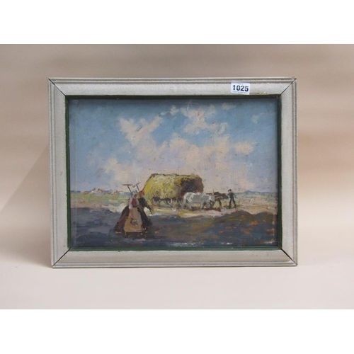 1025 - UNSIGNED, A CONTINENTAL HARVEST SCENE WITH BULLOCK CART, OIL ON BOARD. FRAMED 25 x 34 cms