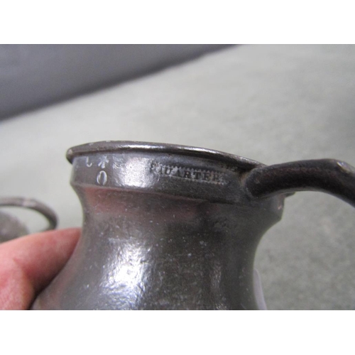 1114 - PEWTER TANKARDS AND MEASURES- LARGEST 18CM H