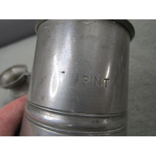 1114 - PEWTER TANKARDS AND MEASURES- LARGEST 18CM H