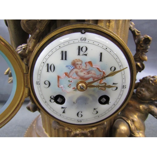 1220 - 19C FRENCH ORMOLU CLOCK WITH FIGURATIVE MOUNTS AND PAINTED DIAL, 41CM H