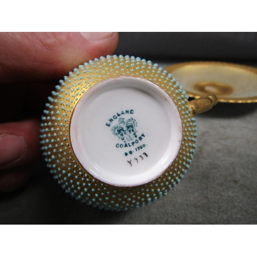 1527 - EARLY 20C COALPORT GILT TURQUOISE BEADED TEA CUP AND SAUCER, A.F, CUP 6CM H