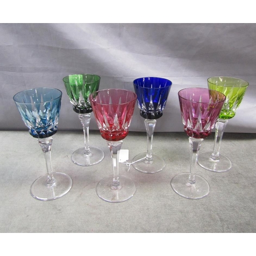 1532 - SET OF SIX ST. LOUIS HARLEQUIN WINE GLASSES, 19CM H