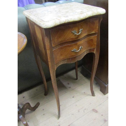 1664 - FRENCH MARBLE TOP TWO DRAWER BEDSIDE CHEST, 38CM W, 75CM H