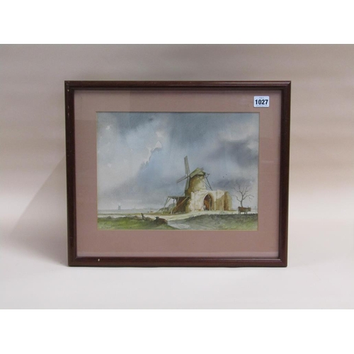 1027 - GORDON GOODMAN 1924-2014, WINDMILL AND RUINED ABBEY SETTING, SIGNED WATERCOLOUR.  F/G 25 x 33 cms