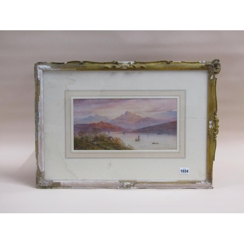 1034 - L LEWIS 03 - SUNSET OVER THE MOUNTAINS AND LAKE, SIGNED WATERCOLOUR F/G 12 x 34 cms