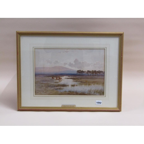 1042 - EDWARD TUCKER 1830-1909, THREE CATTLE IN A MOORLAND SETTING, SIGNED WATERCOLOUR F/G 25 x 37 cms