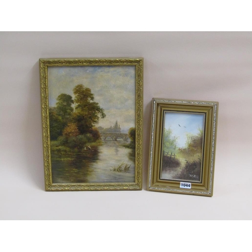 1044 - TWO OIL PAINTINGS, ONE SIGNED JIMME - A MISTY RIVER IN WOODLAND SETTING TOGETHER WITH RIVERSCAPE WIT... 