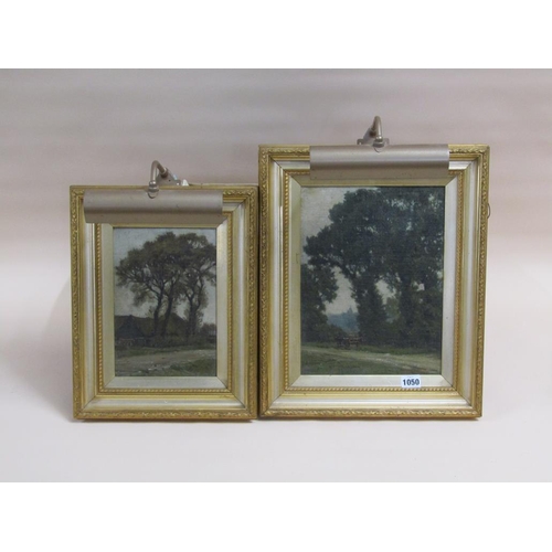 1050 - W J STAMPS - TWO OIL ON BOARD, A STATIONARY HORSE AND CART & A HOMESTEAD SIGNED OIL ON BOARD FRAMED ... 