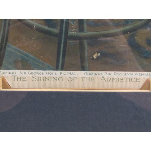 1053 - AFTER PILLARD - THE SIGNING OF THE ARMISTICE FIRST WORLD WAR COLOUR PRINT, F/G 40 x 60 cms