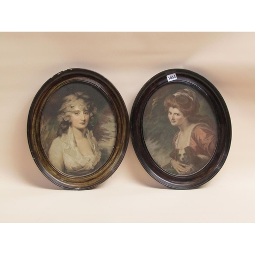 1054 - TWO LATE 19c FRAMED OVAL COLOURED PRINTS OF LADIES, EACH 33 x 26 cms