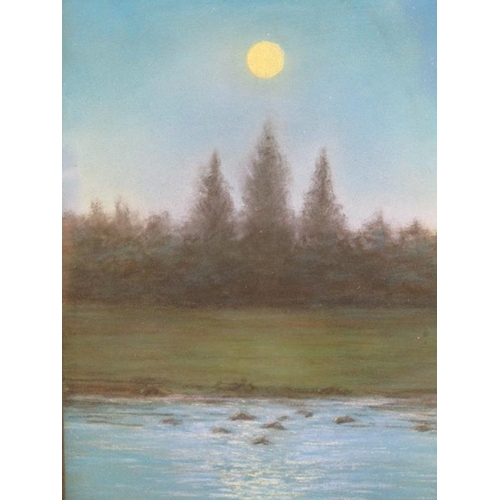 1059 - H BINOIT - THE MOON RISING OVER THE FOREST AND RIVER, WATERCOLOUR F/G 28 x 19cms