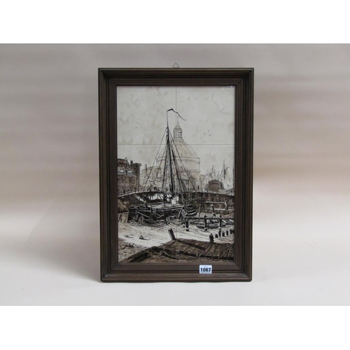 1067 - FRAMED TILE PICTURE, HARVEST SCENE. FRAMED 49 x 29cms