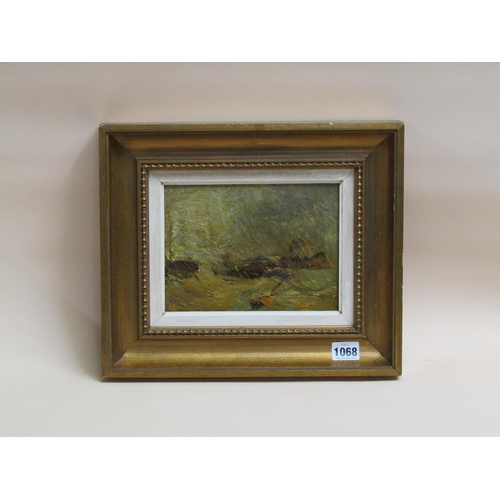 1068 - SIGNED E RINGETTS? - ABSTRACT COASTAL SCENE, OIL ON PANEL.  FRAMED 15 x 19 cms