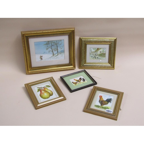 1071 - WILFRED PARKER - A COLLECTION OF FIVE FRAMED WATERCOLOURS, DOMESTIC FOWL, FRUIT, COTTAGE AND FIRST W... 