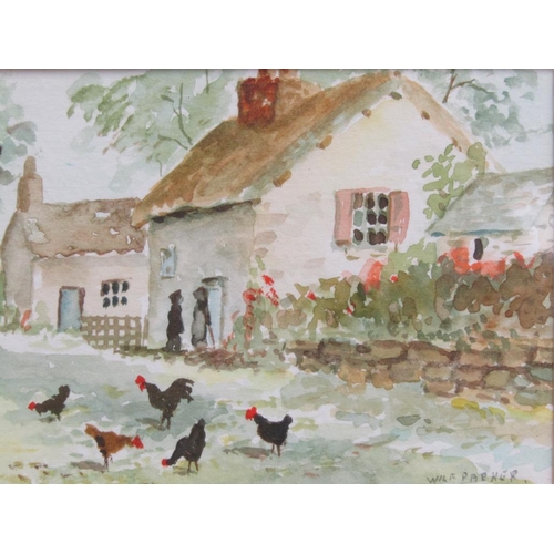 1071 - WILFRED PARKER - A COLLECTION OF FIVE FRAMED WATERCOLOURS, DOMESTIC FOWL, FRUIT, COTTAGE AND FIRST W... 