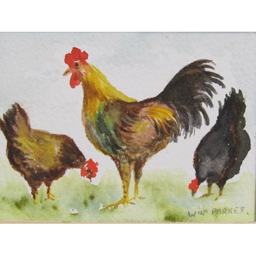 1071 - WILFRED PARKER - A COLLECTION OF FIVE FRAMED WATERCOLOURS, DOMESTIC FOWL, FRUIT, COTTAGE AND FIRST W... 