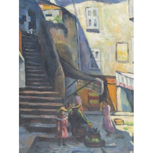 1073 - H E BOTTOMLEY - CONTINENTAL STREET SCENE WITH FIGURES GATHERED AT THE FOOT OF A STAIRCASE, SIGNED OI... 