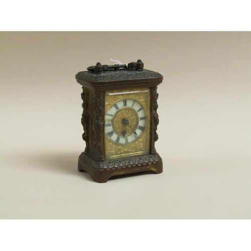 1238 - LATE 19C/EARLY 20C MINIATURE BRASS CASED CARRIAGE CLOCK, 10CM H HANDLE RAISED