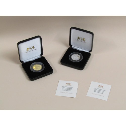 1248 - 2021 50TH ANNIVERSARY OF DECIMLISATION 24CT 50 PENCE PIECE AND A FINE SILVER 50 PENCE PIECE