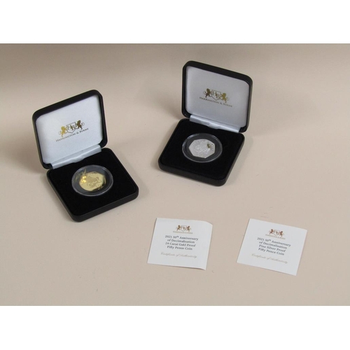 1248 - 2021 50TH ANNIVERSARY OF DECIMLISATION 24CT 50 PENCE PIECE AND A FINE SILVER 50 PENCE PIECE