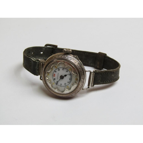 1261 - EARLY 20C SILVER CASED LADIES WATCH MOVEMENT BY MEDANA WITH LEATHER STRAP