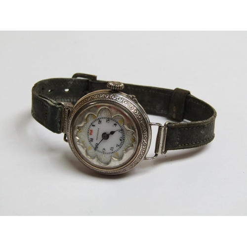 1261 - EARLY 20C SILVER CASED LADIES WATCH MOVEMENT BY MEDANA WITH LEATHER STRAP