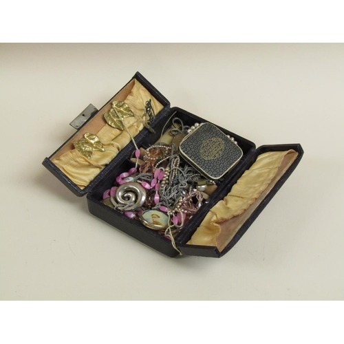 1269 - BLACK LEATHER TRAVELLING JEWEL BOX TOGETHER WITH THE MISC. CONTENTS