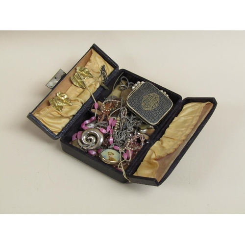 1269 - BLACK LEATHER TRAVELLING JEWEL BOX TOGETHER WITH THE MISC. CONTENTS