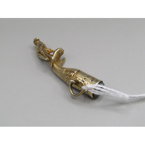 1297 - GOLD BLOODSTONE SET SEAL FOB WITH A HAWK TERMINAL - 4.75cms L