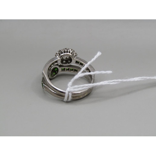 1316 - PLATINUM AND DIAMOND WITH EMERALD DUAL BAND RING SIZE Q