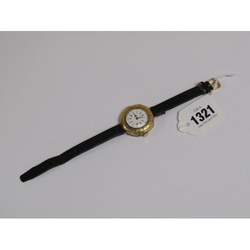 1321 - 18ct GOLD CASED LADIES WATCH WITH BLACK LEATHER STRAP