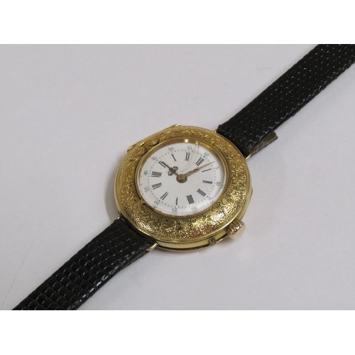 1321 - 18ct GOLD CASED LADIES WATCH WITH BLACK LEATHER STRAP