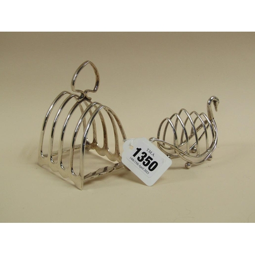 1350 - TWO SILVER TOAST RACKS , ONE WITH A SWAN HEAD TERMINAL 5.6oz