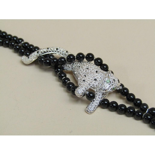 1376 - BLACK JADE SILVER GEM SET PANTHER BRACELET