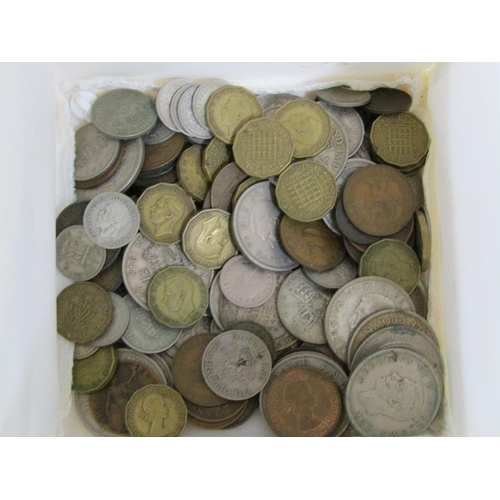 1412 - BOX OF LOOSE COINS INC. HALF CROWNS, 3 PENCE PIECES, PENNIES