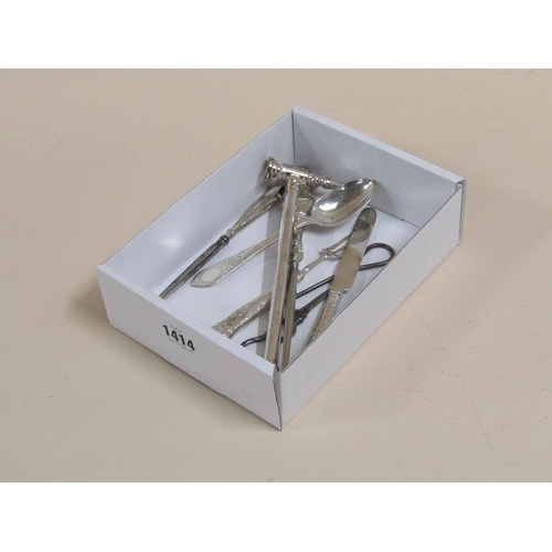 1414 - BOX; SILVER AND WHITE METAL INC. A TOFFEE HAMMER, BUTTON HOOKS, DESSERT KNIFE AND FORK ETC