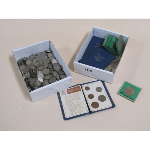 1418 - TWO BOXES OF COMMEMORATIVE COINS INC. A LARGE COLLECTION OF PRE-1950 SHILLINGS AND TWO SHILLING PIEC... 