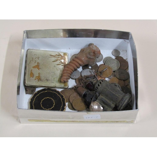 1430 - BOX OF SMALL MISC. INC. ART NOUVEAU MEAT SKEWER, BIKE REAR LAMP, COINS ETC.