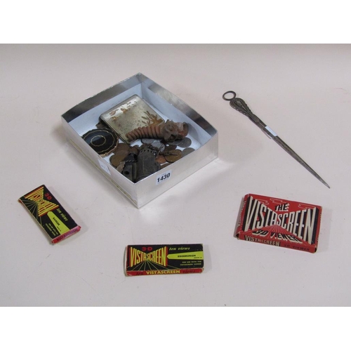 1430 - BOX OF SMALL MISC. INC. ART NOUVEAU MEAT SKEWER, BIKE REAR LAMP, COINS ETC.