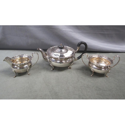 1431 - THREE PIECE SILVER TEA SERVICE, 36ozt,