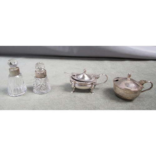 1432 - TWO SILVER MUSTARDS, TWO GLASS BOTTLES