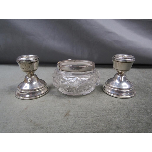 1445 - PAIR OF SILVER CANDLESTICKS, CUT GLASS POT